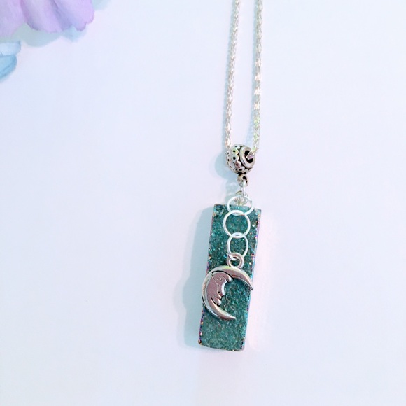 Aqua Druzy Quartz Pendant Necklace moon charm - Picture 3 of 4